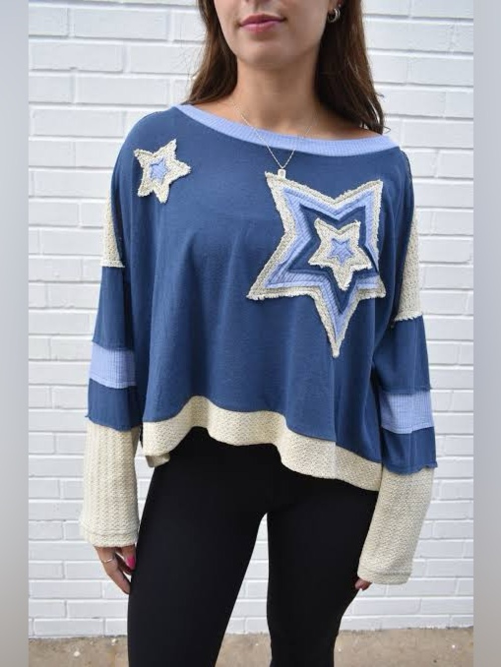 POL Threaded Pear Natalie Star Patchwork Oversized Top